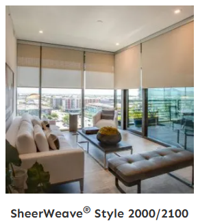 Phifer Sheerweave 2000 and 2100 Made of vinyl-coated fiberglass yarns, style 2000 and 2100 are full basketweaves designed expressly for those applications which require a more opaque and nondirectional fabric. Styles 2000 and 2100 are ideal fabrics for use in roll-uo shades, Roman shades and vertical blinds. Styles 2000/2100 can also be used in exterior roller shades. 