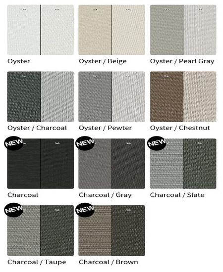 Styles 2701, 2703, 2705 and 2710 are woven from a unique teill pattern that displaces the individual yarns to create a two-sided fabric for maximum performance in heat reduction, glare reduction and improved visibility. Style 2701/2703/2705/2710 can also be used in exterior roller shades.