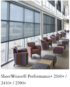 Phifer Sheerweave Performance Plus 2500+ 2410+ and 2390+ SheerWeave Performance + takes the performance of traditional SheerWeave Styles 2390/2410 and 2500 fabrics “plus” the highly reflective properties of metallization and combines them to achieve the ultimate in sun control protection. By applying a thin metallized coating to the outward side of Performance+ fabrics, dark colors can achieve significant solar heat reduction comparable to what only light colors can achieve in other fabrics. The Performance+ metallized surface also improves glare reduction and outward visibility in light colors. Offered in multiple openness factors and a non-directional weave, Performance+ maximizes the best performance features of sun control in one fabric. 