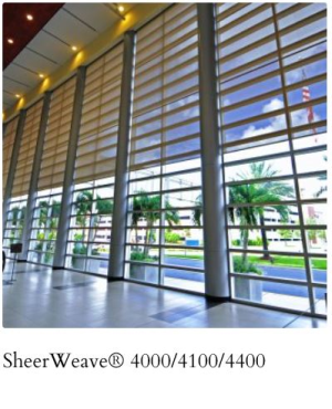 Phifer Sheerweave 4000 4100 and 4400. Made from vinyl-coated polyester yarns, Styles 4000, 4100 and 4400 are designed with todays demanding commercial market in mind and are available in nine standard colors. Style 4000/4100/4400 can also be used in exterior roller shades. We carry only Phifer Interior Shading/roller shade fabrics.