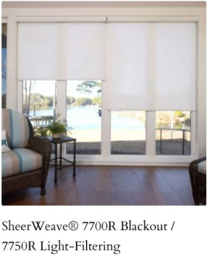 Phifer Sheerweave 770R and 7750R. Featuring a soft, textured pattern evoking the look of grasscloth, Style 7700R offers a PVC-free blackout option for total light blockage. Style 7750R filters natural light while maintaining the look of the face fabric of Style 7700R. A color-coordinated backing ensures the same neutral fabric color is shown toward both the interior of the room and glass.
